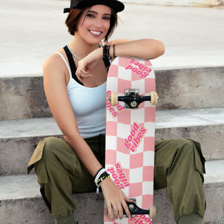 Good Vibes Girly Pastel Pink White Checked Skateboard