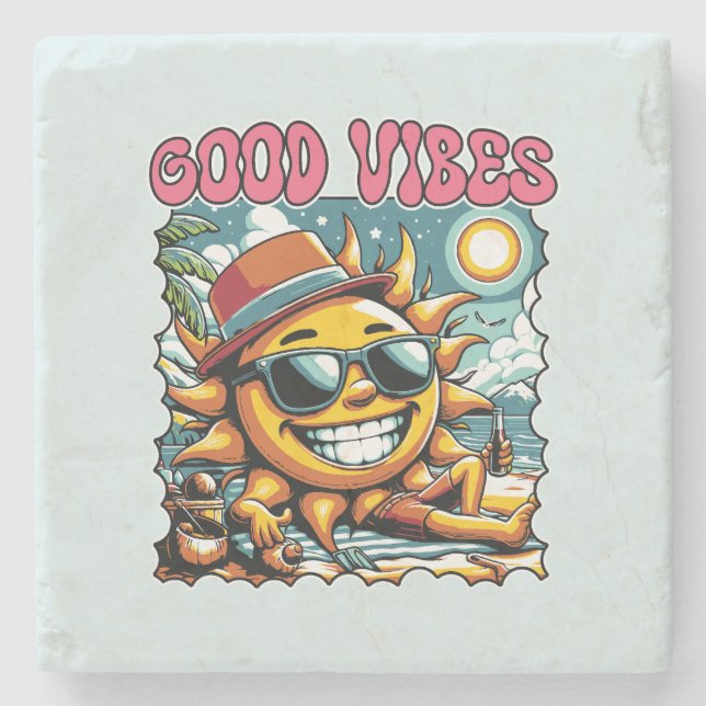 Good Vibes - Sunshine - Retro Summer Steinuntersetzer (Vorderseite)