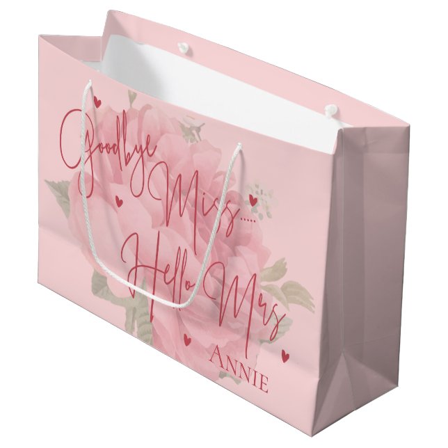 Goodbye Miss Hello Mrs. Pink Floral Brautparty Große Geschenktüte (Vorderseite Schrägansicht)
