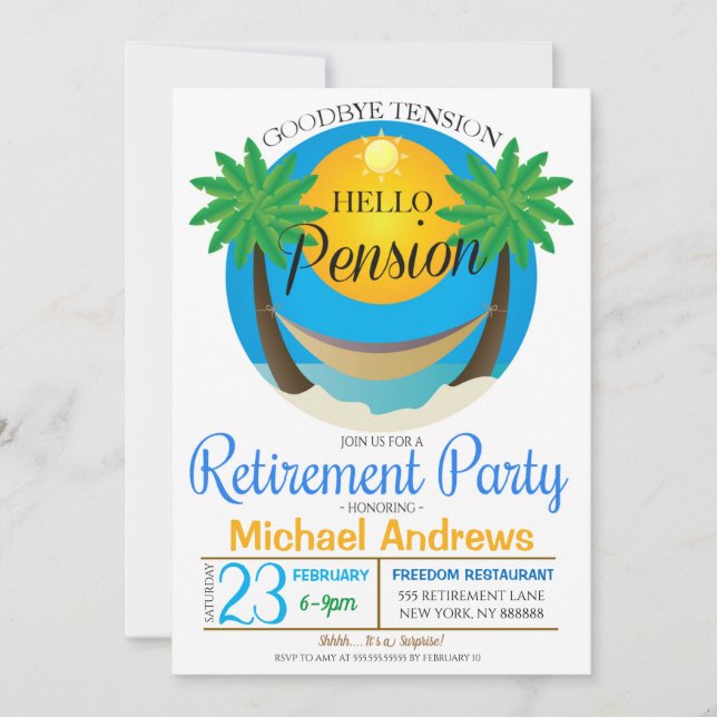 Goodbye Tension Hello Pension Rentirement Party Einladung (Vorderseite)