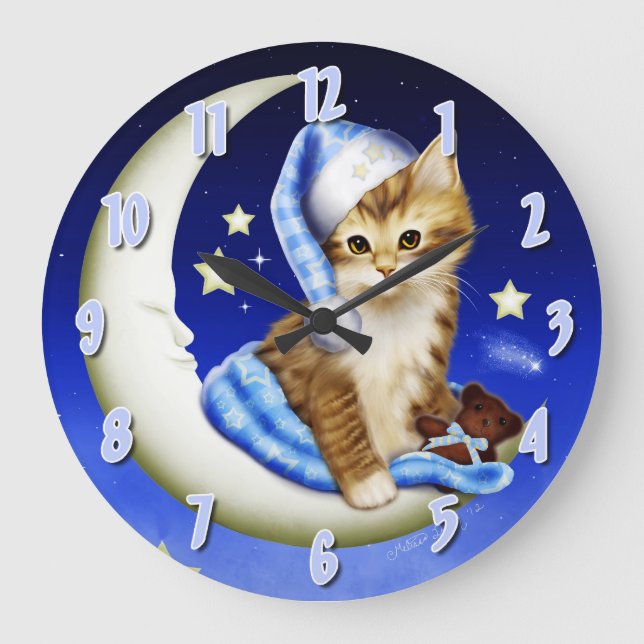 Goodnight Moonlight Cat Kinderzimmer Clock Große Wanduhr (Vorderseite)