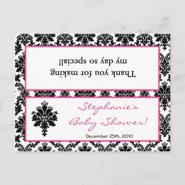 Goody Bag Topper Hot Pink Black Damask Einladungspostkarte (Vorderseite)
