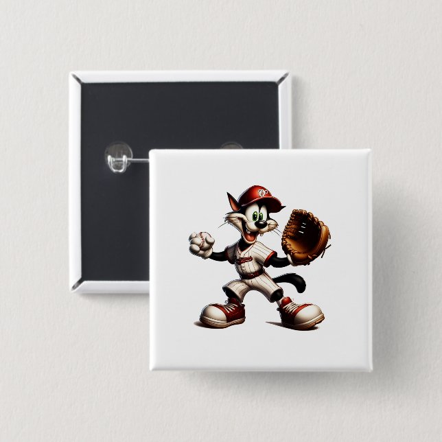 Goofy Cat Baseball Pitcher bricht auf Button (Vorne & Hinten)