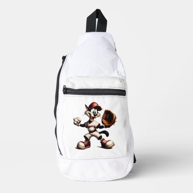 Goofy Cat Baseball Pitcher bricht auf Crossbody Bag (Vorderseite)