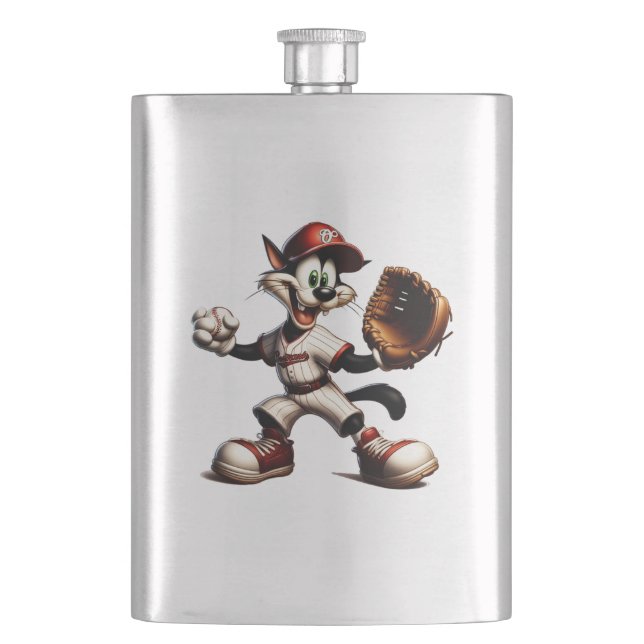 Goofy Cat Baseball Pitcher bricht auf Flachmann (Vorderseite)