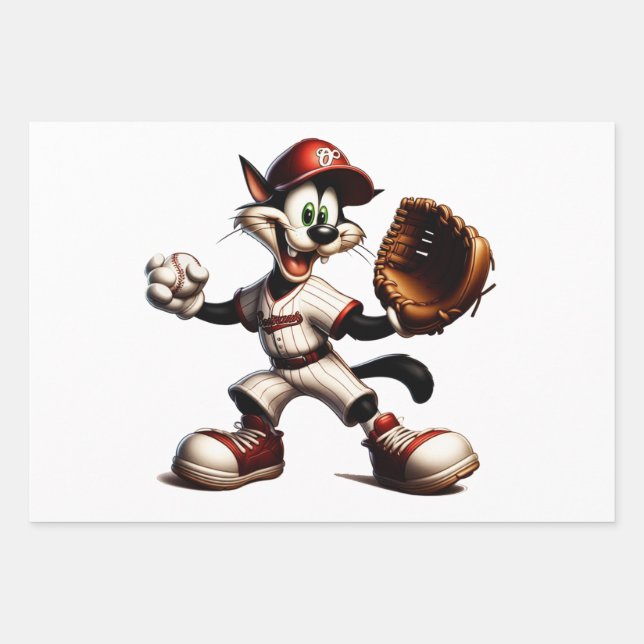 Goofy Cat Baseball Pitcher bricht auf Geschenkpapier Set (Vorderseite)