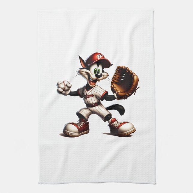 Goofy Cat Baseball Pitcher bricht auf Geschirrtuch (Vertikal)