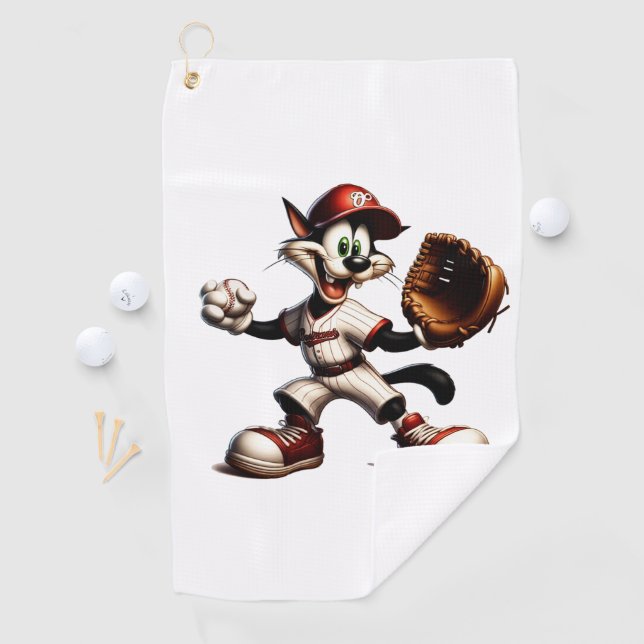 Goofy Cat Baseball Pitcher bricht auf Golfhandtuch (Insitu)