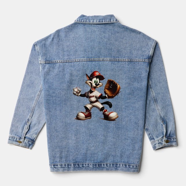 Goofy Cat Baseball Pitcher bricht auf Jeansjacke (Rückseite)
