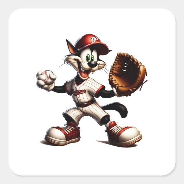 Goofy Cat Baseball Pitcher bricht auf Quadratischer Aufkleber (Vorderseite)