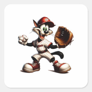 Goofy Cat Baseball Pitcher bricht auf Quadratischer Aufkleber