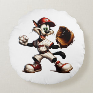 Goofy Cat Baseball Pitcher bricht auf Rundes Kissen