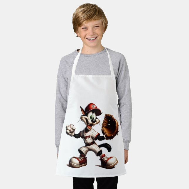 Goofy Cat Baseball Pitcher bricht auf Schürze (Getragen)