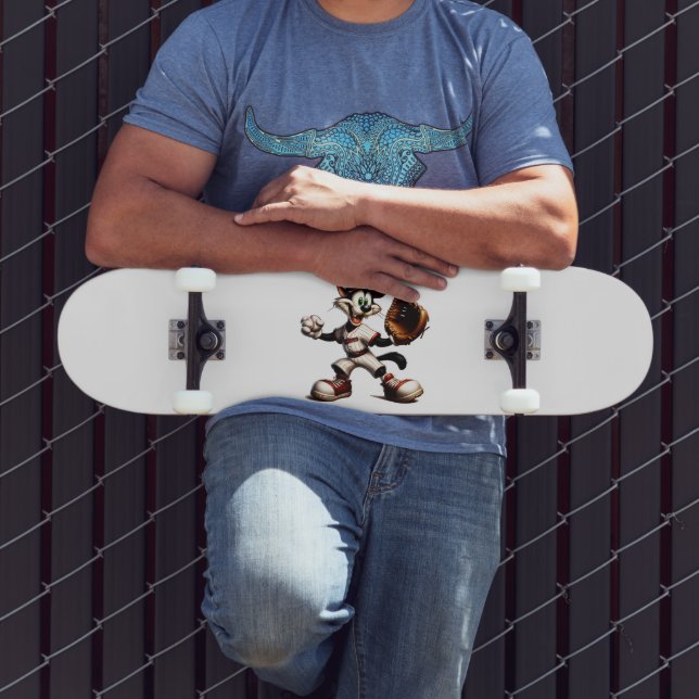 Goofy Cat Baseball Pitcher bricht auf Skateboard (Außenbereich 3)