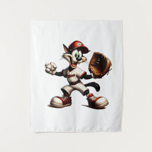 Goofy Cat Baseball Pitcher bricht auf Wandteppich