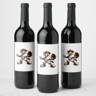 Goofy Cat Baseball Pitcher bricht auf Weinetikett