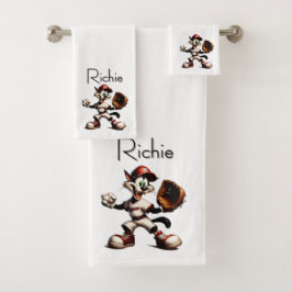 Goofy Cat Baseball Pitcher wird mit Name aufgeroll Badhandtuch Set