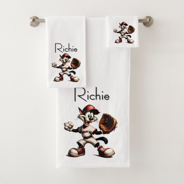 Goofy Cat Baseball Pitcher wird mit Name aufgeroll Badhandtuch Set (Insitu)