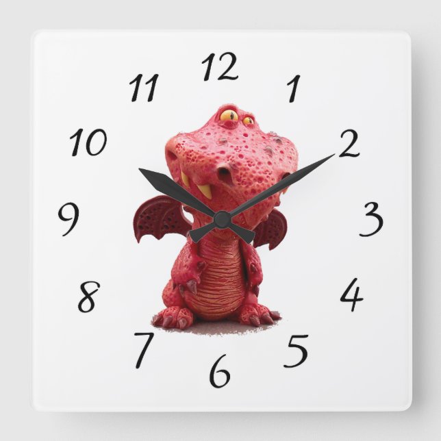 Goofy geflügelter Roter Drache mit verrücktem Läch Quadratische Wanduhr (Vorderseite)