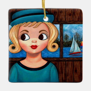 Googl Girl Sailor Head Vase Sailboat Niedlich Big  Keramikornament