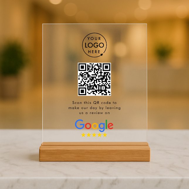 Google Bewertungen Acryl-Schild | QR-Code-Tischsch Acrylschild (Google Review interactive QR code acrylic tabletop signs branded with your company logo.)