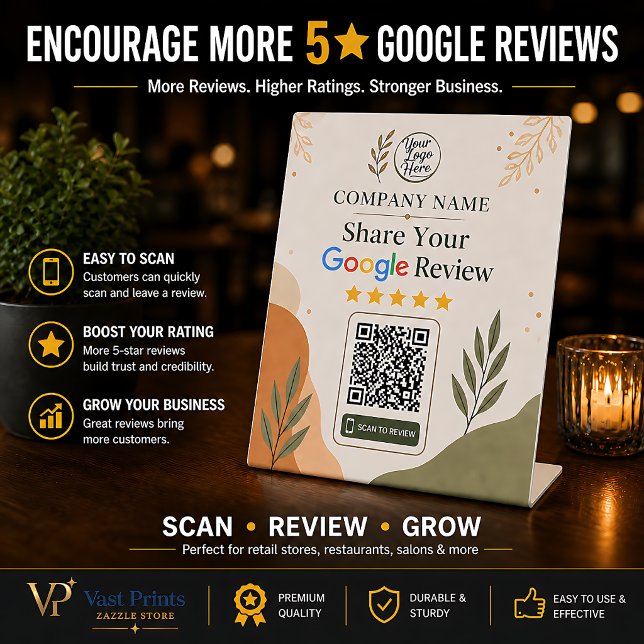 Google Bewertungs Tabelle Schild QR Code Boho Bota (Google Review Table Sign QR Code Boho Botanical)