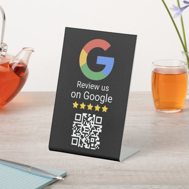 Google Review QR Code Black Business Tabletop Sign Sockelschild (In SItu)