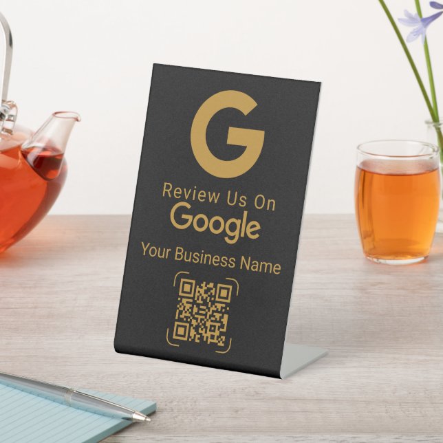Google Review QR Code Black Gold Pedestal Sign Sockelschild (In SItu)