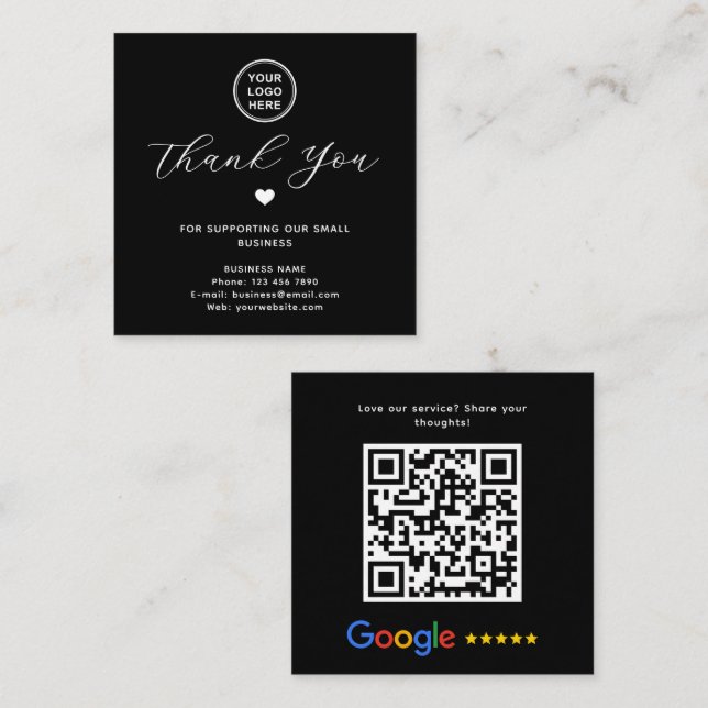 Google Review QR Code Danke Black Modern Quadratische Visitenkarte (Vorne/Hinten)