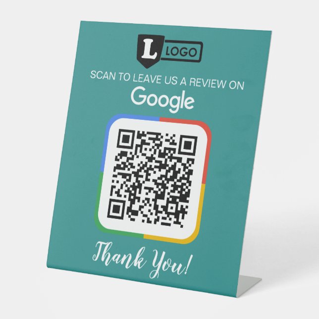 Google Review Request Card mit Logo und QR Code Sockelschild (Vorderseite)