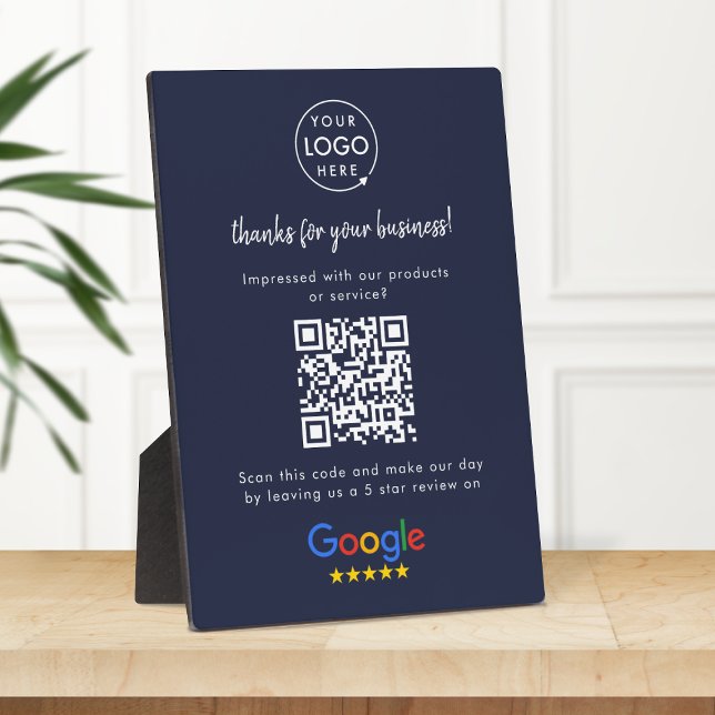 Google Reviews Business Review Link QR Code Navy Fotoplatte (Google Review interactive QR code tabletop easel plaque sign branded with your company logo.)