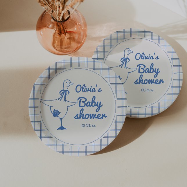 Goose Hand Drawn Blue Boy Classic Baby Shower  Pappteller (Von Creator hochgeladen)