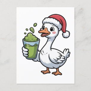 Goose Holding Matcha Drink Tragen Weihnachtsmannmü Einladungspostkarte
