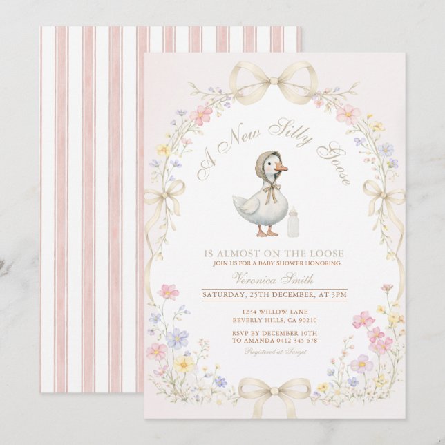 Goose Wildflower Pink Ivory Baby Shower Einladung (Vorne/Hinten)