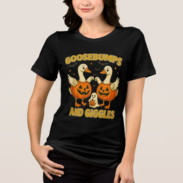 Goosebumps & Giggles Halloween Cute Pumpkin Geese Tri-Blend Shirt (Vorderseite)