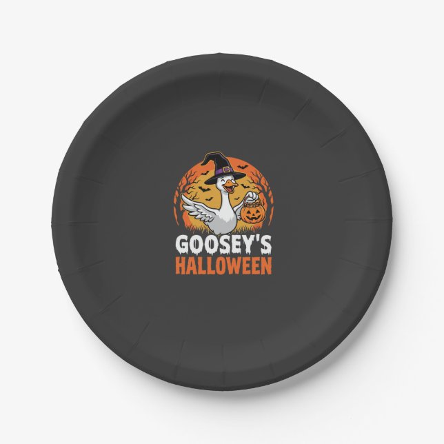 Gooseys Halloween-Hexe Gans Retro-Cartoon-Design Pappteller (Vorderseite)