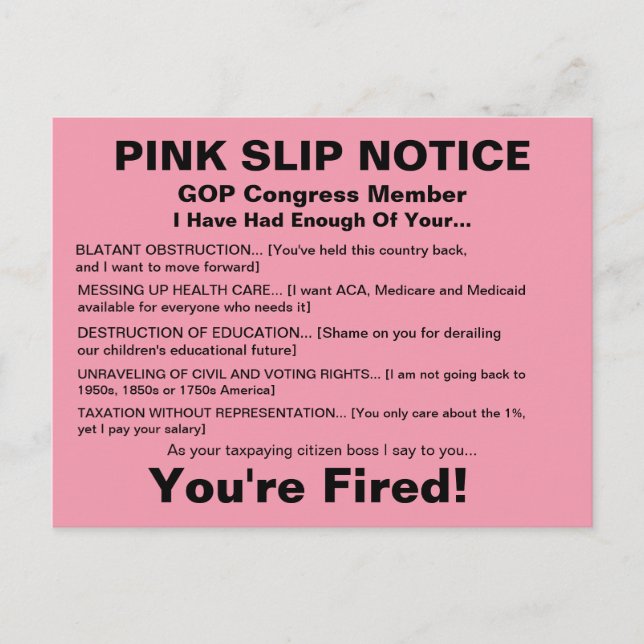 GOP Congress Pink Slip Notice Postcard Postkarte (Vorderseite)