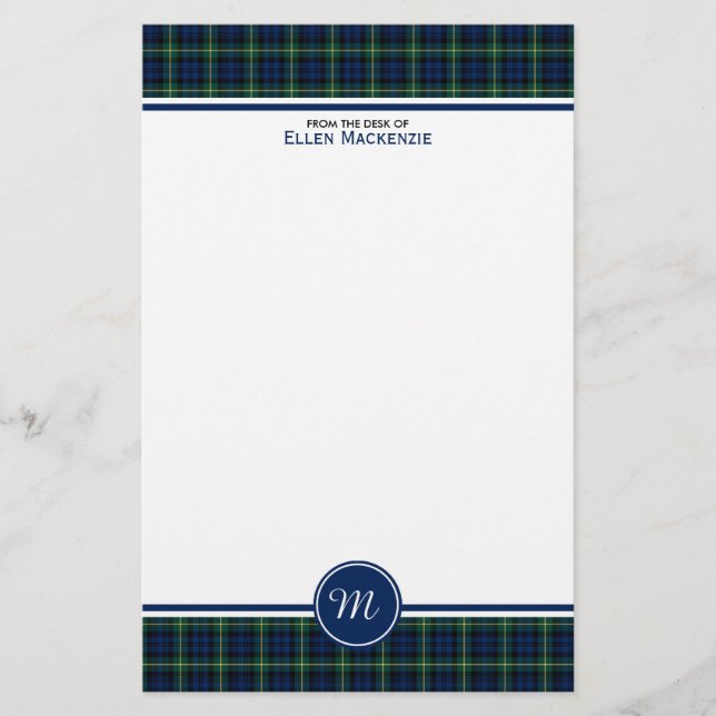 Gordon Clan Dark Blue und Green Tartan Monogram Briefpapier (Vorderseite)