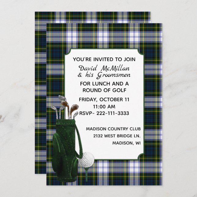 Gordon Dress Kariert Groom's Golf Party Einladung (Vorne/Hinten)