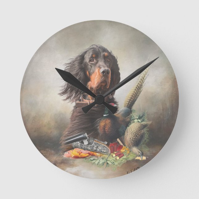 Gordon Setter mit Fasanen, Kunst Runde Wanduhr (Vorderseite)