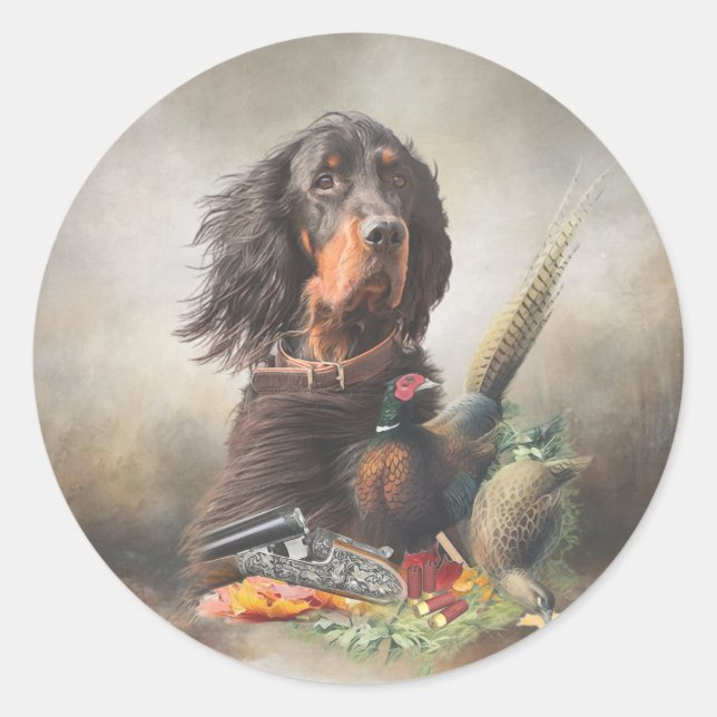 Gordon Setter mit Fasanen, Kunst Runder Aufkleber (Vorderseite)