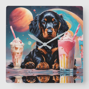 Gordon Setter Puppy N Milkshakes Quadratische Wanduhr