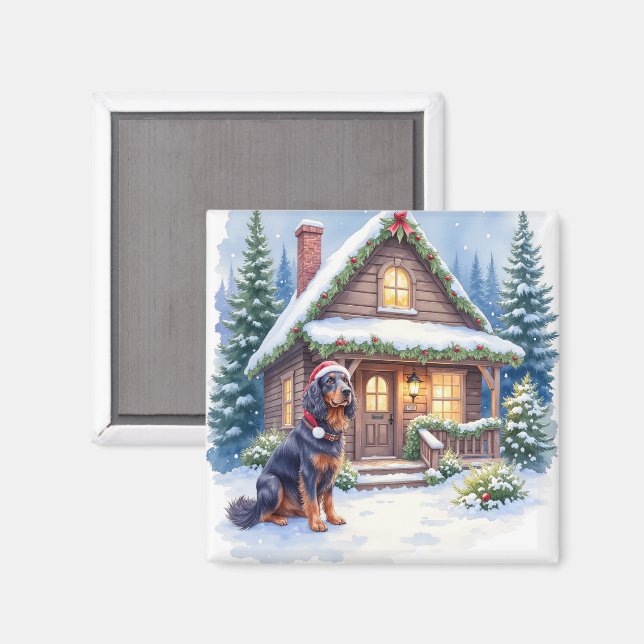 Gordon Setter Snowy Lodge Santa Hat Christmas Art Magnet (Vorderseite/Rückseite)