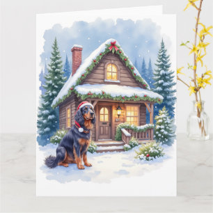 Gordon Setter Snowy Lodge Weihnachtsmannmütze Weih Karte