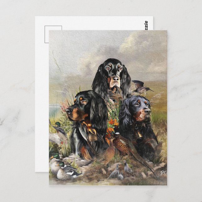 Gordon Setters , Vogelleidenschaft , Kunst Postkarte (Vorne/Hinten)