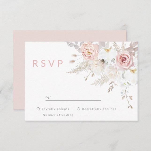 Gorgeous Elegance: Blush & White Floral Wedding RSVP Karte (Vorne/Hinten)