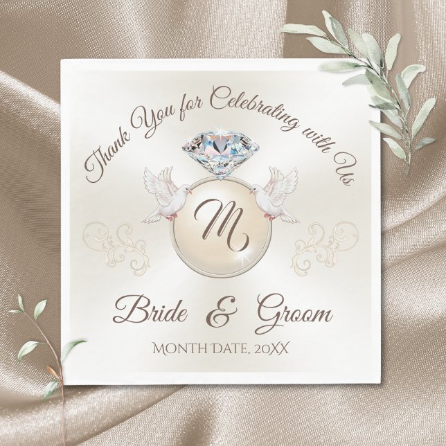 Gorgeous Ivory Custom Printed Wedding Napkins Serviette (Custom Wedding Napkins. Love Birds themed wedding. Diamond Wedding. Love Birds Wedding Napkins.)