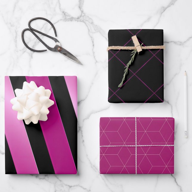 Gorgeous Magenta, Schwarz und Weiß Geometrisch Geschenkpapier Set (Vorderseite)