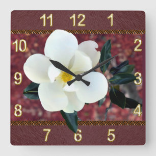 Gorgeous Magnolia Clock, Burgundy or YOUR COLORS Quadratische Wanduhr
