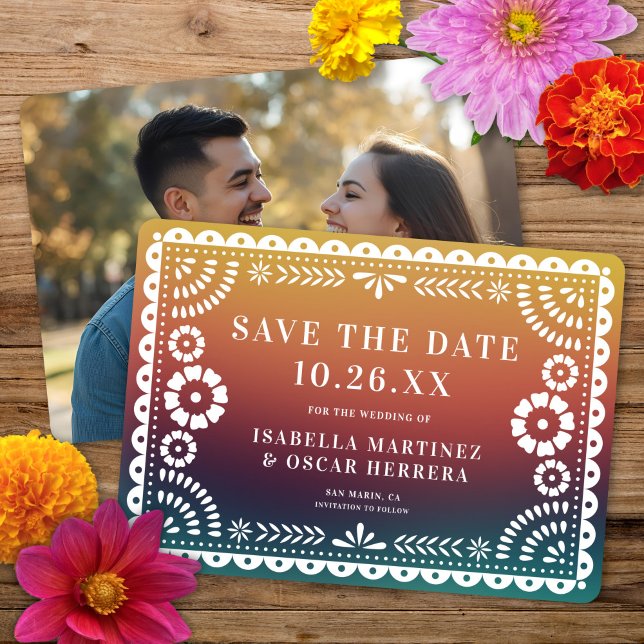 Gorgeous Papel Picado Foto Sunset Ombré Wedding Save The Date (Von Creator hochgeladen)